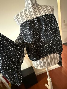Bebe Sheer Polka Dot Off-Shoulder Top Long Sleeve Large